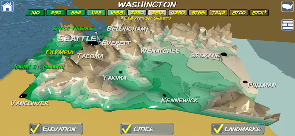 A 3D interactive map of Washington state in Stack the States 2 showing elevation, cities, and landmarks.