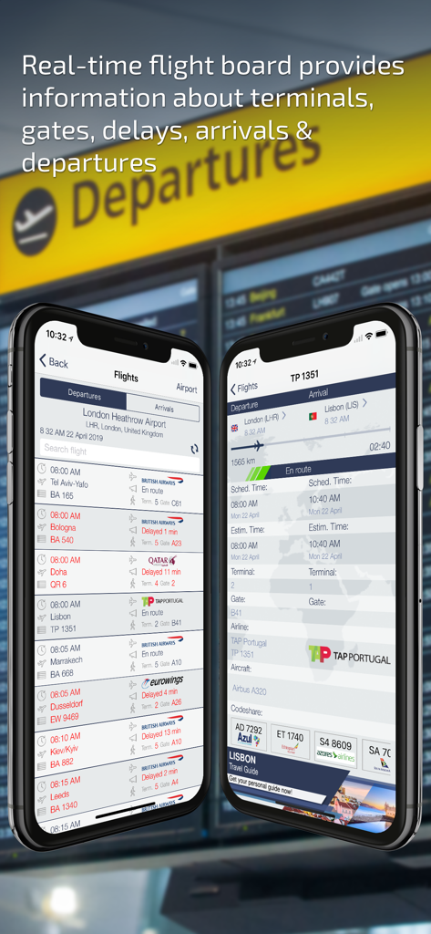 Real-time flight tracking app showing departure boards and specific flight status details on two mobile phones