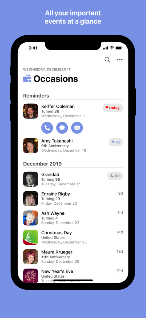 Occasions 3 - Reminders - Main interface of Occasions 3 app showing a chronological list of upcoming birthdays and anniversaries with contact action buttons