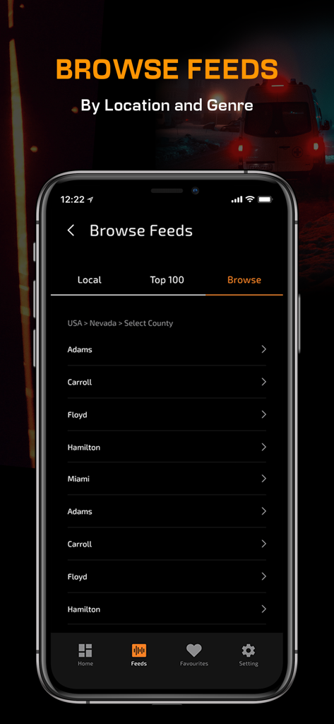 Police Scanner App, live radio - Interface of the Police Scanner App showing the Browse Feeds screen with a list of counties for selecting local radio channels.
