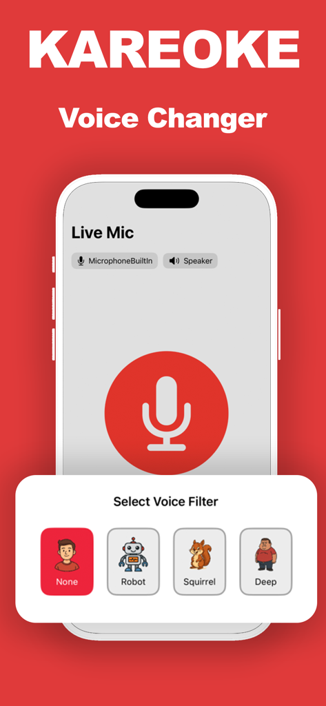 Pantalla de la aplicación Mic Live con cambiador de voz de karaoke y filtros de voz en tiempo real