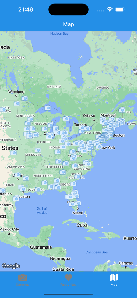 Map of the United States with camera icons showing live webcam locations across the country