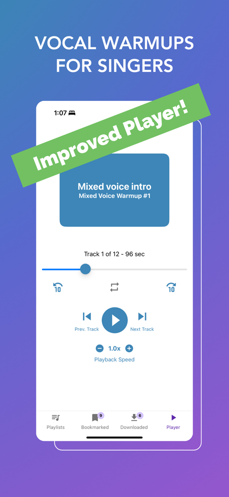 Vocal Warmups with Kathleen - Vocal Warmups with Kathleenアプリのオーディオプレーヤーインターフェースに、ミドルボイスエクササイズトラックが表示されています。