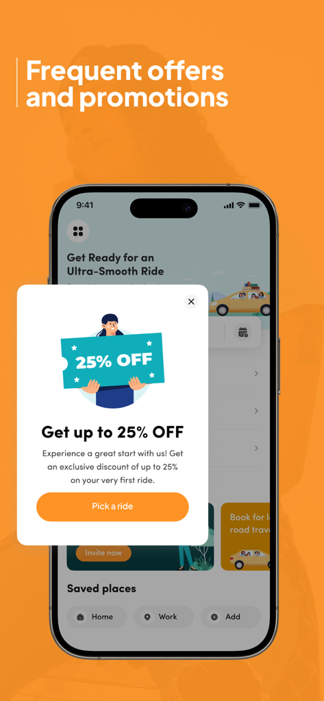 Ryde: Request affordable rides - Interfaz de la aplicación Ryde mostrando una oferta de descuento del veinticinco por ciento para un primer viaje.