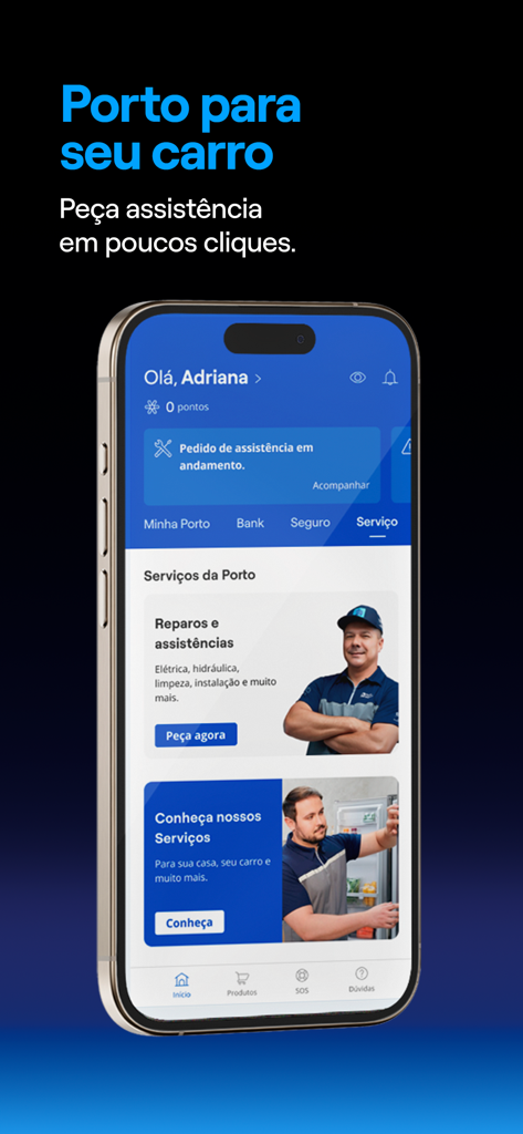 Porto: Conta Digital e Seguros - Smartphone screen displaying Porto app car and home assistance services.