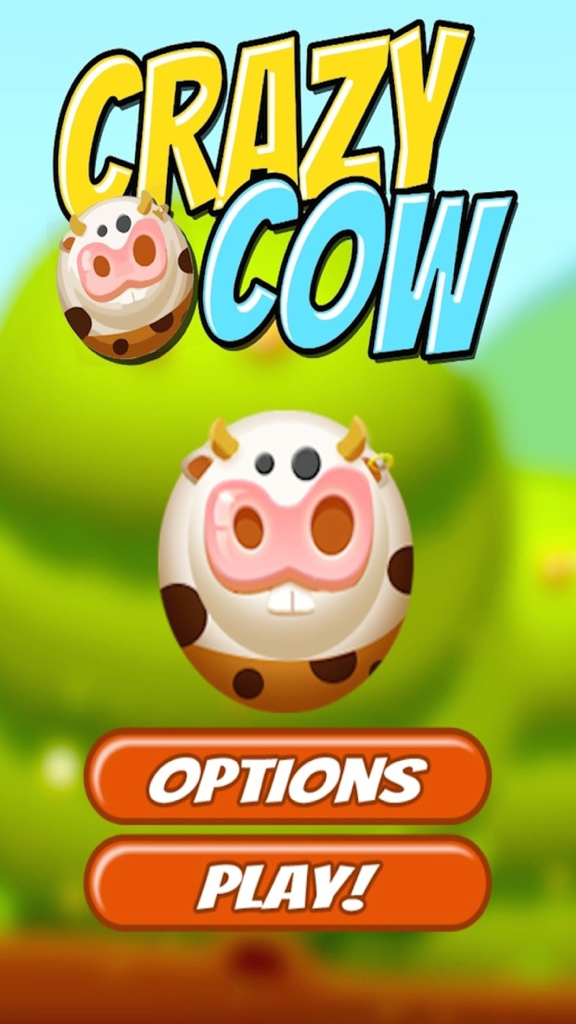 Super Crazy Cow FREE - Main menu of the Super Crazy Cow mobile game featuring a round cow character with options and play buttons