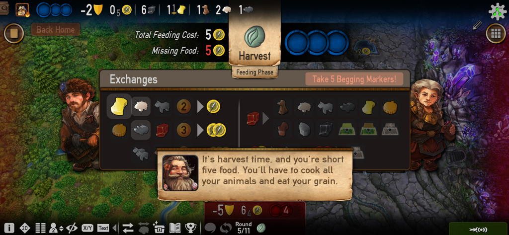 Caverna - Caverna digital board game harvest phase and exchange menu