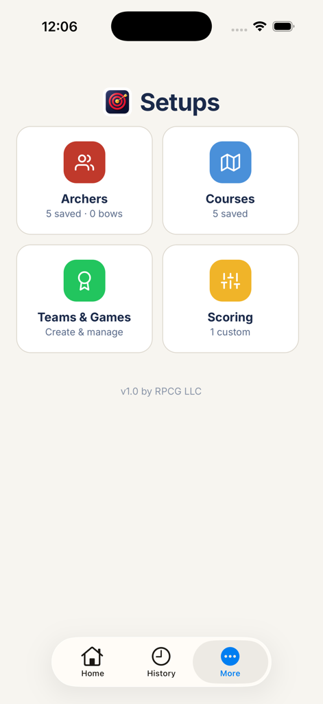 ShootOff Archery - Main setups menu in the ShootOff Archery app featuring options for managing archers, courses, teams, and scoring formats.