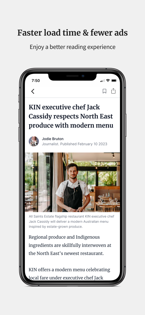 Um artigo de notícias sobre um chef no aplicativo móvel The Border Mail demonstrando uma experiência de leitura limpa com tempos de carregamento mais rápidos.