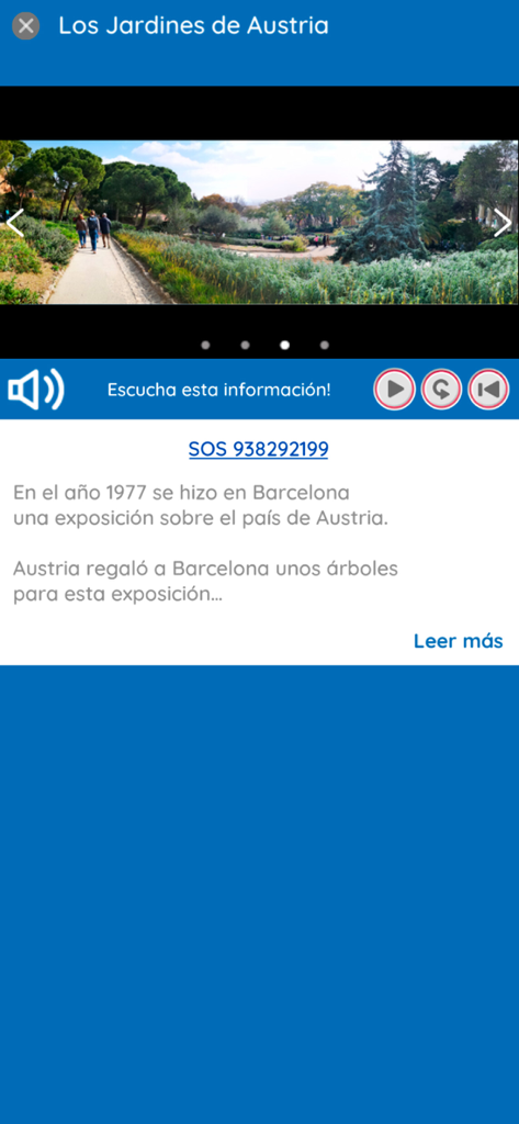 Park Güell Visita Inclusiva - Barrierefreier Informationsbildschirm für die Österreichischen Gärten in der Park Güell App mit Foto und Audioguide-Player