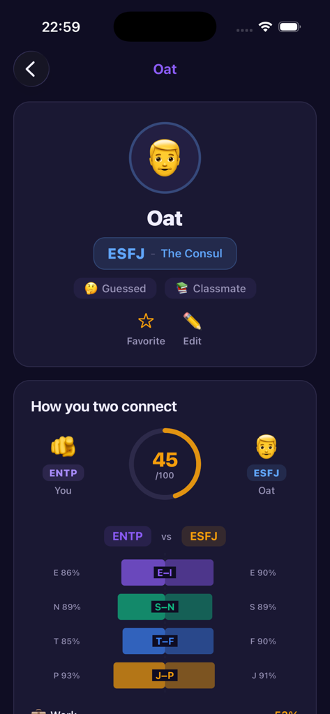 VerType: Personality Types - Interface showing personality compatibility score and dimension breakdown between ENTP and ESFJ profiles in the VerType app