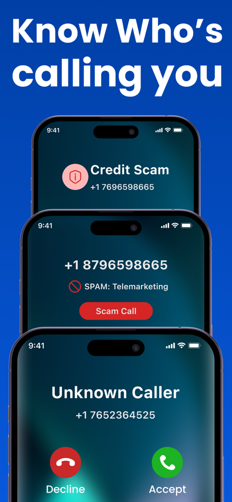 Three iPhones displaying caller identification for credit scams, telemarketing spam, and unknown numbers.