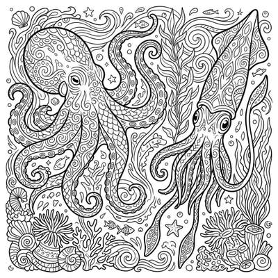 Unleash your creativity with this stunning adult coloring page featuring an intricately detailed octopus and a majestic squid. Explore the depths of the ocean and find tranquility in this complex marine masterpiece, designed for mindful coloring.
