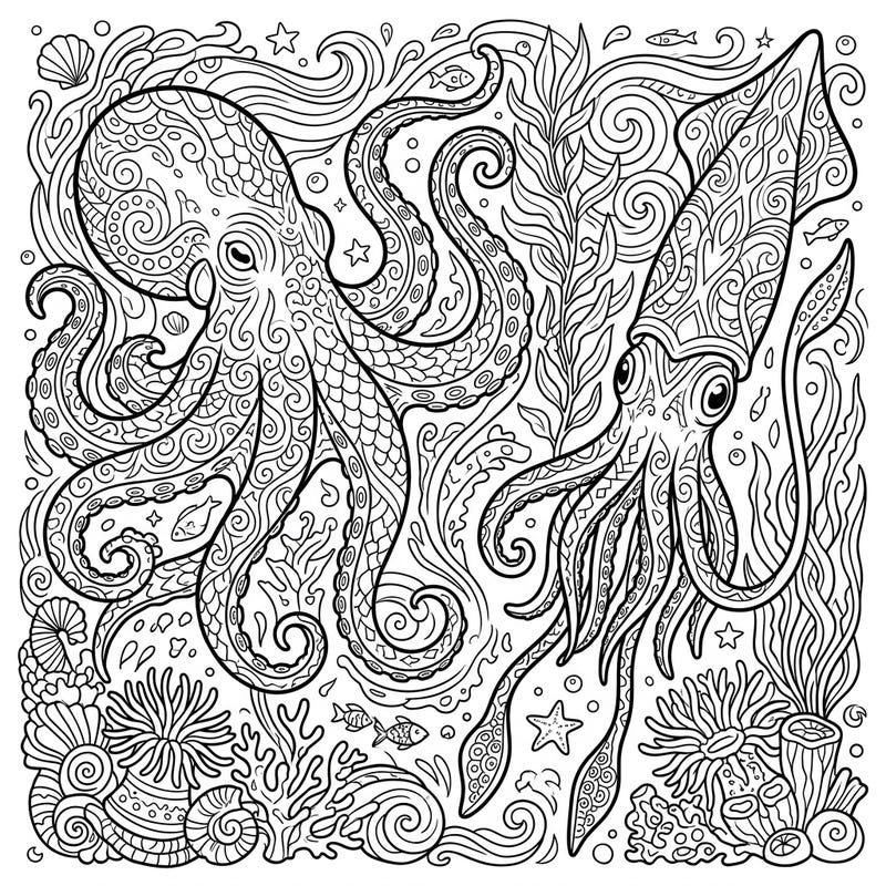 Unleash your creativity with this stunning adult coloring page featuring an intricately detailed octopus and a majestic squid. Explore the depths of the ocean and find tranquility in this complex marine masterpiece, designed for mindful coloring.