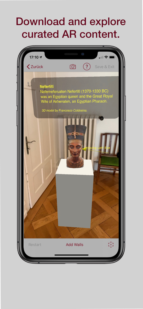 ARchi VR - Create & Browse AR - ARchi VR app displaying a 3D AR model of Nefertiti in a real room environment
