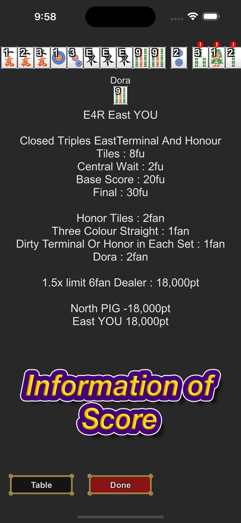 A score calculation screen in the Mahjong Mobile app showing a winning hand with fan and fu points breakdown for Japanese Riichi rules