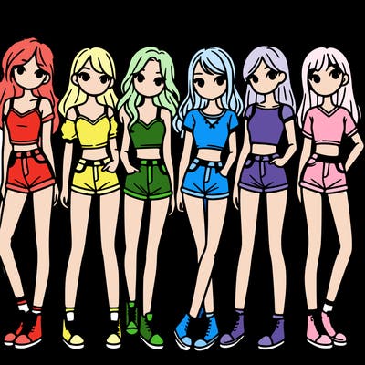 a group of girls wearing crop tops and shorts