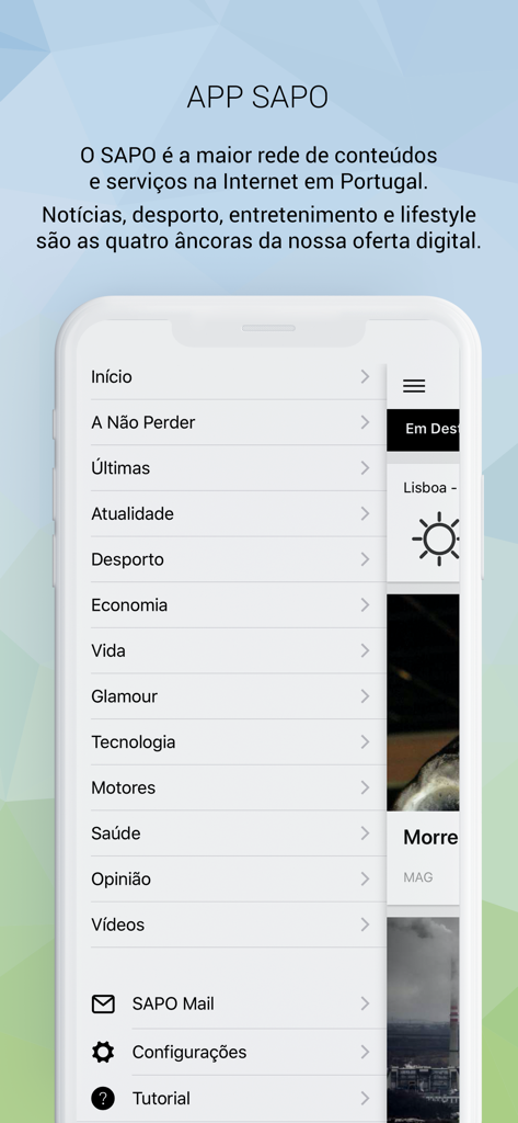 Main navigation menu of the SAPO app showing news, sports, and lifestyle categories in Portuguese