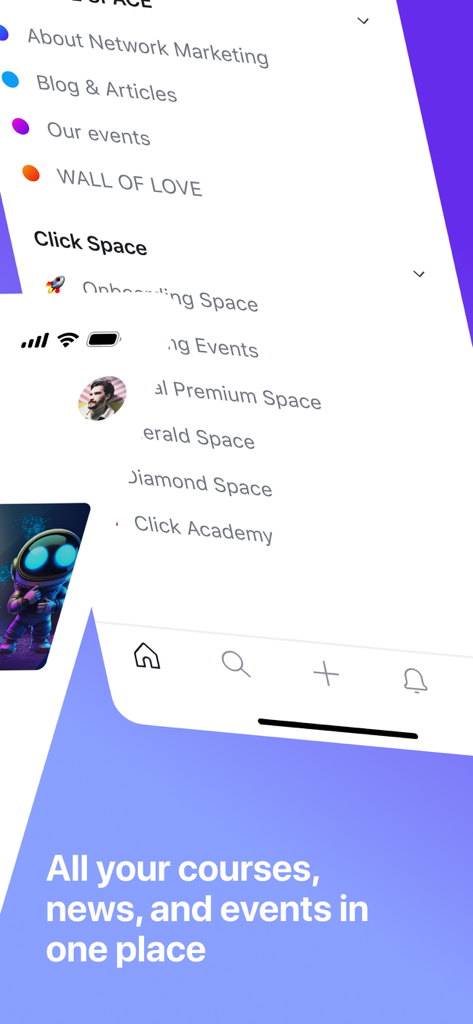 Click Academy - Click Academy app menu showing business courses, events, and community spaces