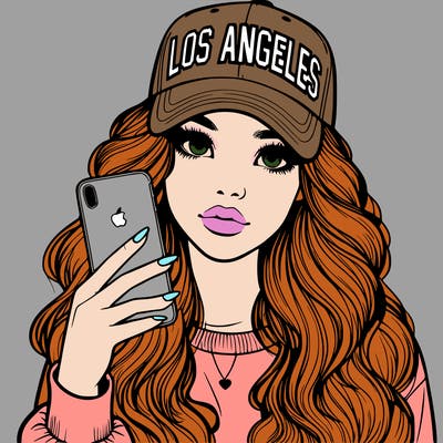 realistic beautiful girl wearing los ángeles cap holding an iphone