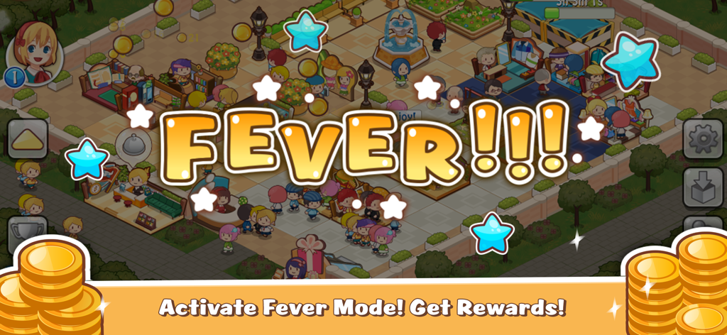 Happy Mall Story - Happy Mall Story game screen showing the activated Fever Mode with rewards and stars