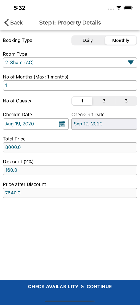 Screenshot dell'interfaccia di prenotazione dell'app PGO che mostra i dettagli della proprietà, inclusi tipo di prenotazione mensile, selezione della stanza e riepilogo dei prezzi.