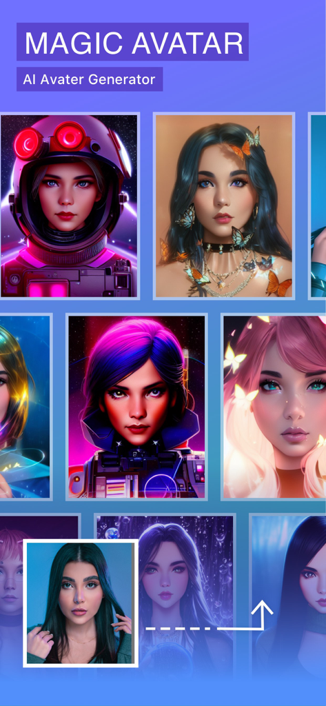 A collection of artistic AI-generated avatars in different styles created from a single portrait photo.