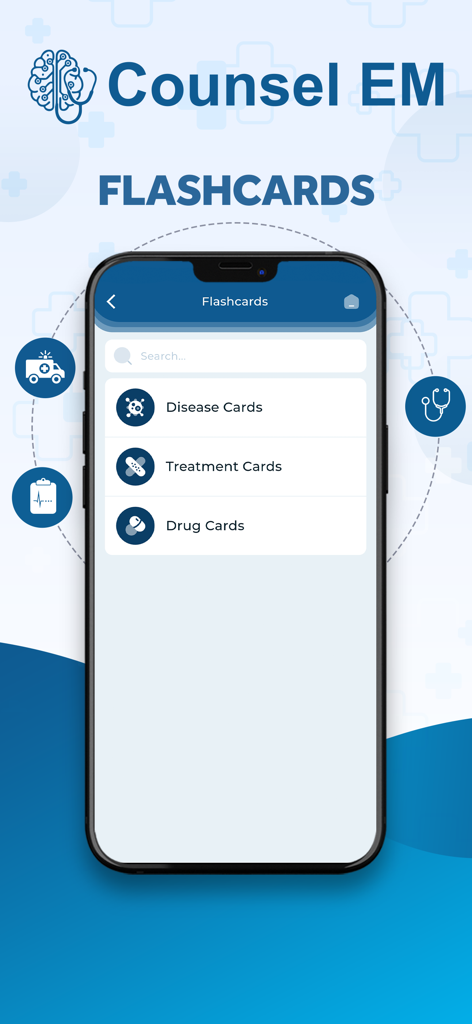 Counsel EM - Interfaz de la aplicación Counsel EM que muestra el menú de tarjetas didácticas con categorías para tarjetas de enfermedades, tarjetas de tratamiento y tarjetas de medicamentos.