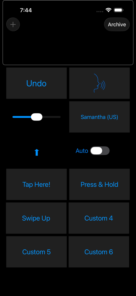 Talk For Me - Text to Speech - Main dashboard of the Talk For Me app featuring customizable quick communication buttons and voice settings