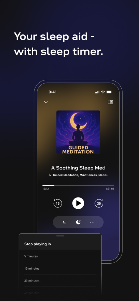 radio.net - AM FM Radio Tuner - Radio.net app interface displaying the sleep timer menu and meditation audio player