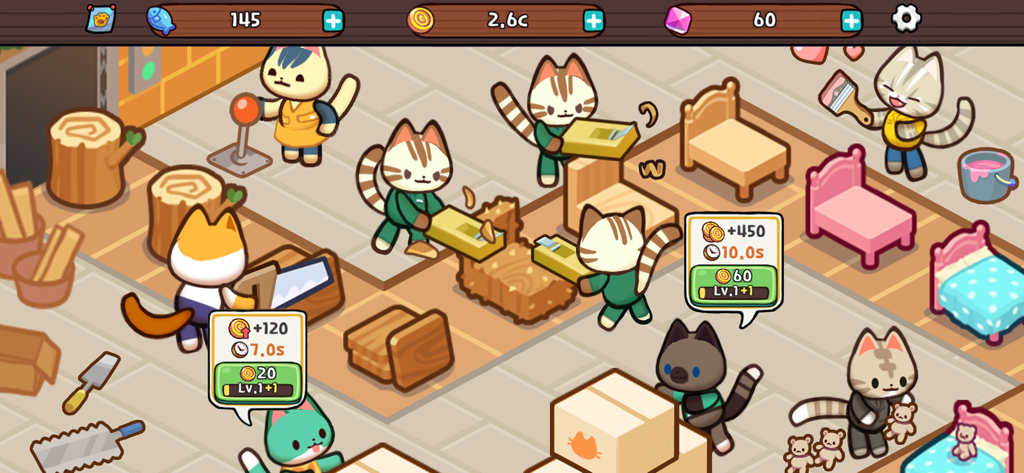 Kitty Cat Tycoon - Cute cats crafting wooden furniture in the Kitty Cat Tycoon workshop