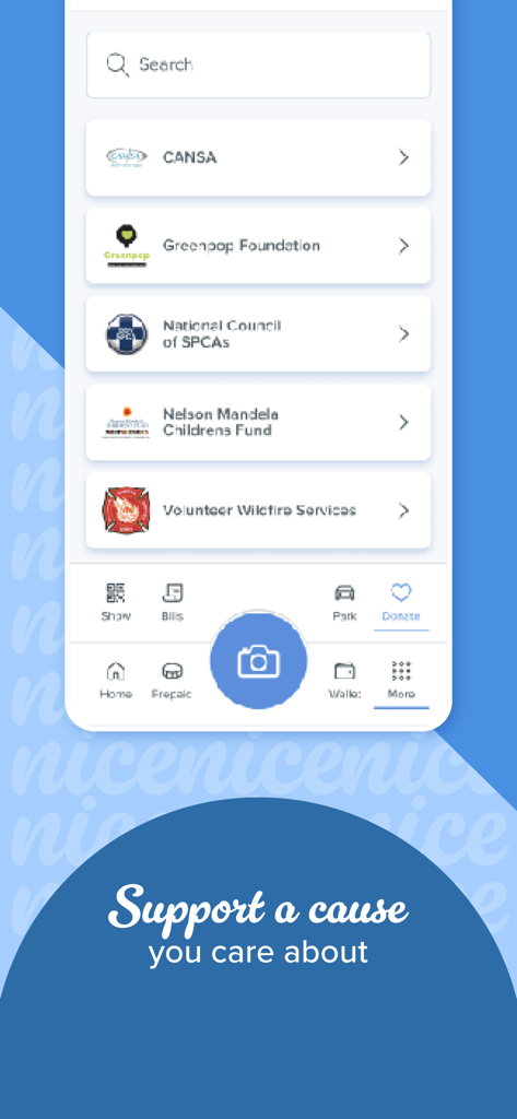 SnapScan mobile app screen showing a list of charities to support including the Nelson Mandela Childrens Fund