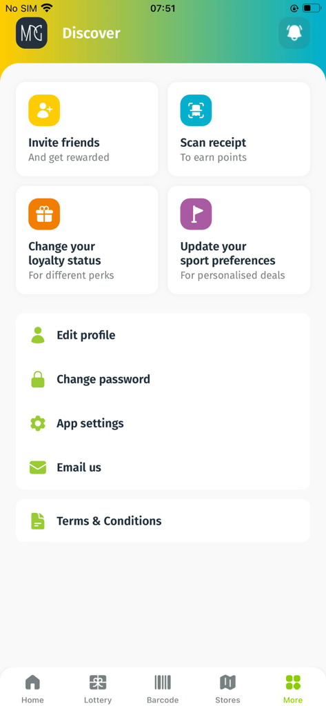 MPG Rewards - Pantalla Descubrir de la aplicación MPG Rewards con opciones para invitar amigos, escanear recibos y gestionar la configuración de la cuenta.