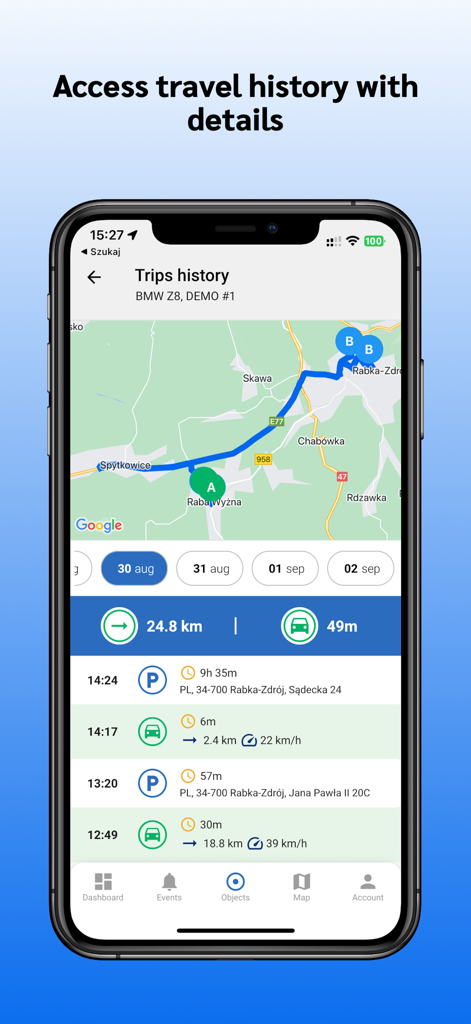 Floomli GPS for Teltonika - Floomli GPS-Reiseverlauf-Bildschirm, der die Fahrzeugroute und die Fahrtdetails anzeigt.