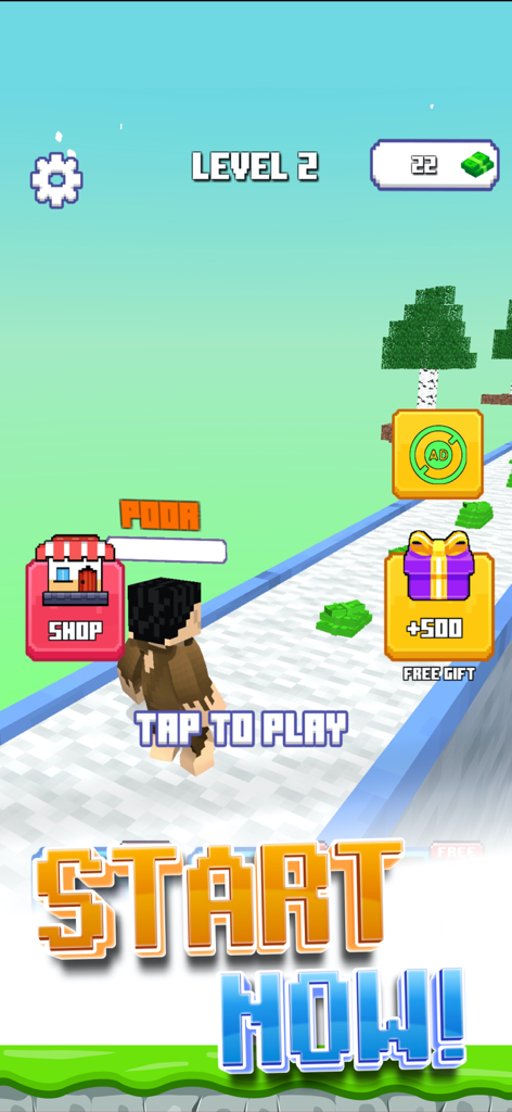 Craft Runner - Money Run 3D - Screenshot di gameplay di Craft Runner Money Run 3D che mostra un personaggio voxel che inizia una corsa per raccogliere denaro.