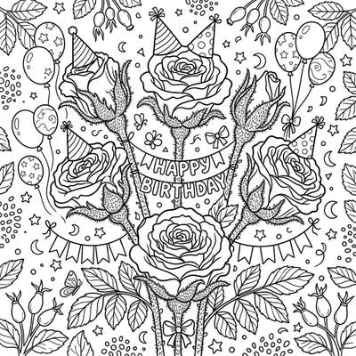 Celebrate birthdays with this charming coloring page featuring elegant Moss Roses adorned with festive party hats and balloons. It's the perfect way to add a personal, colorful touch to any birthday celebration, whether for yourself or a loved one.