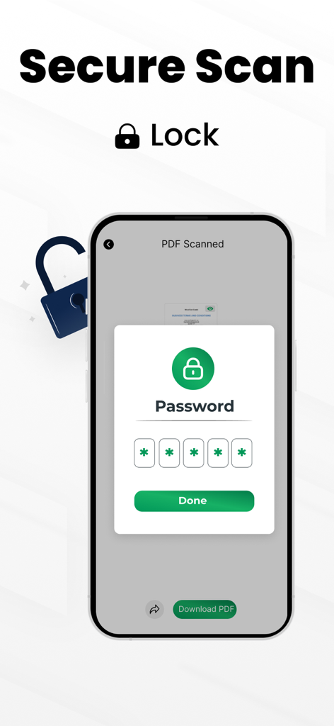 PDFスキャナーアプリでスキャンされたドキュメントのパスワード保護プロンプトを表示するiPhone画面。