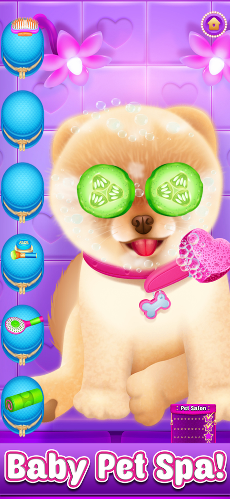 A cute puppy getting a relaxing spa treatment with cucumber slices on its eyes in the Baby Pet Spa level.