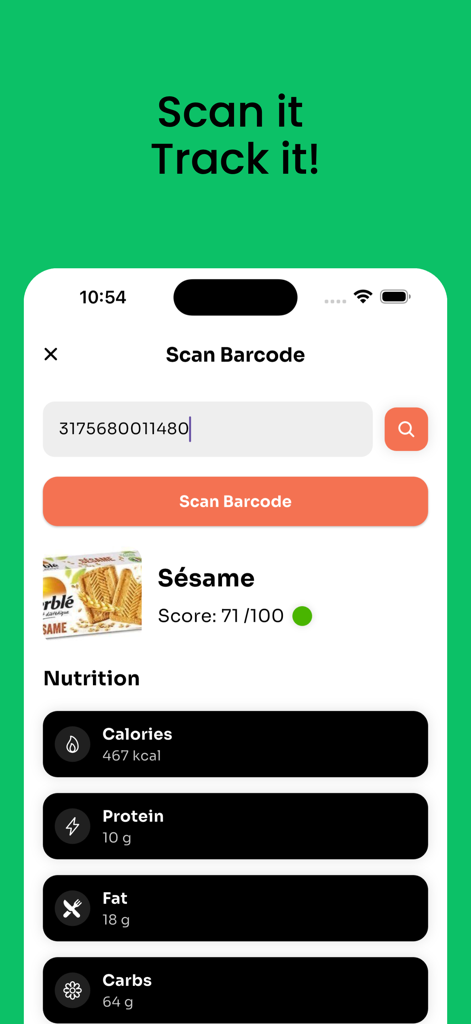 AtlasFit app interface showing a barcode scanner with detailed nutrition facts including calories and macros for a food item