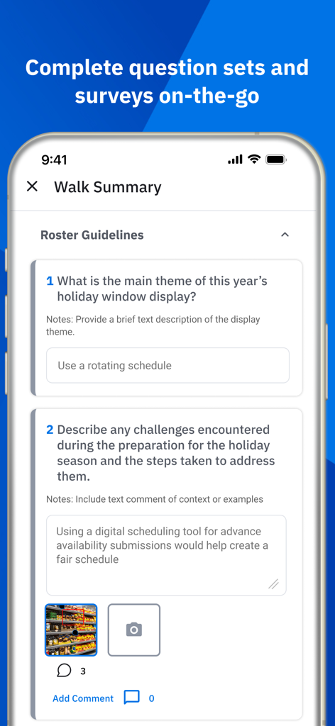 Workcloud My Work - Zebra Workcloud My Work app screen showing a Walk Summary with retail task survey questions and photo upload