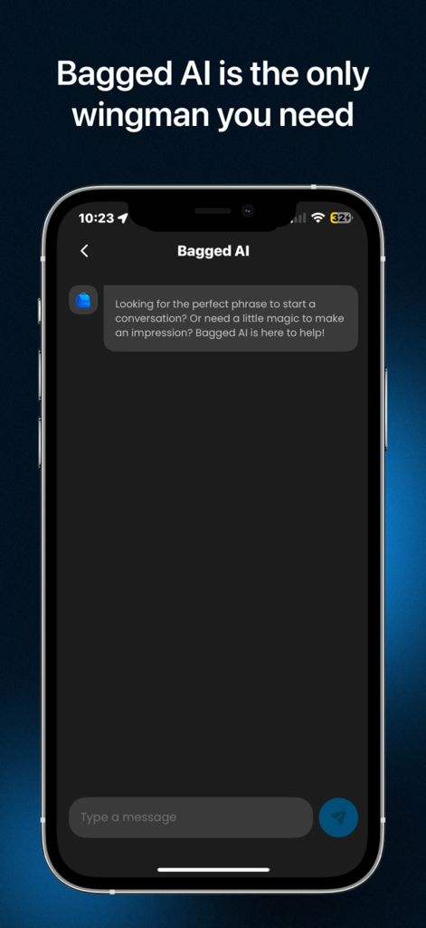 Bagged AI: Pickup Lines & Rizz - Uma tela de celular mostrando a interface de chat do Bagged AI onde o wingman de IA se oferece para ajudar com iniciadores de conversa e causar uma boa impressão.