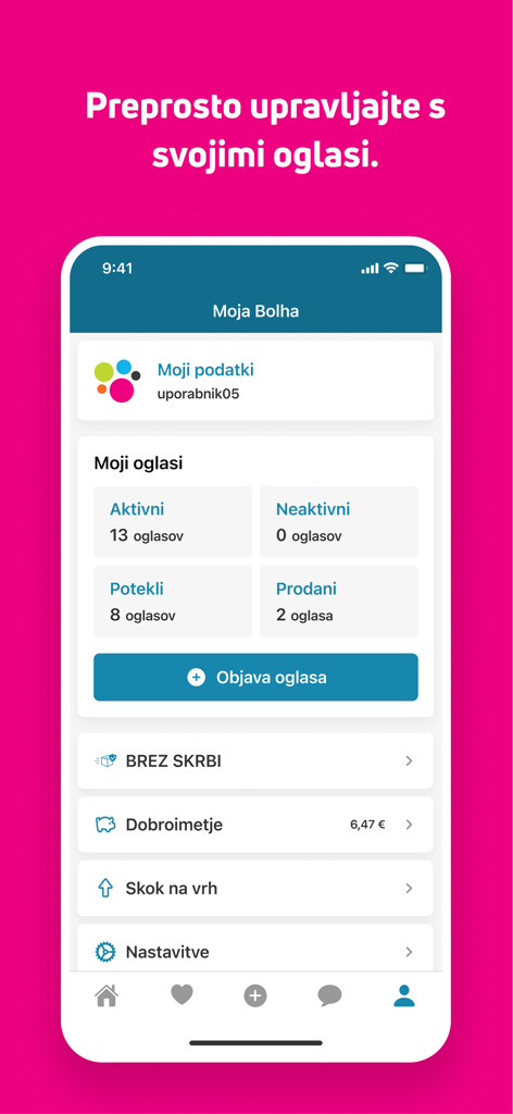 bolha.com - User profile dashboard in the bolha.com app showing active and sold classified ads and account balance