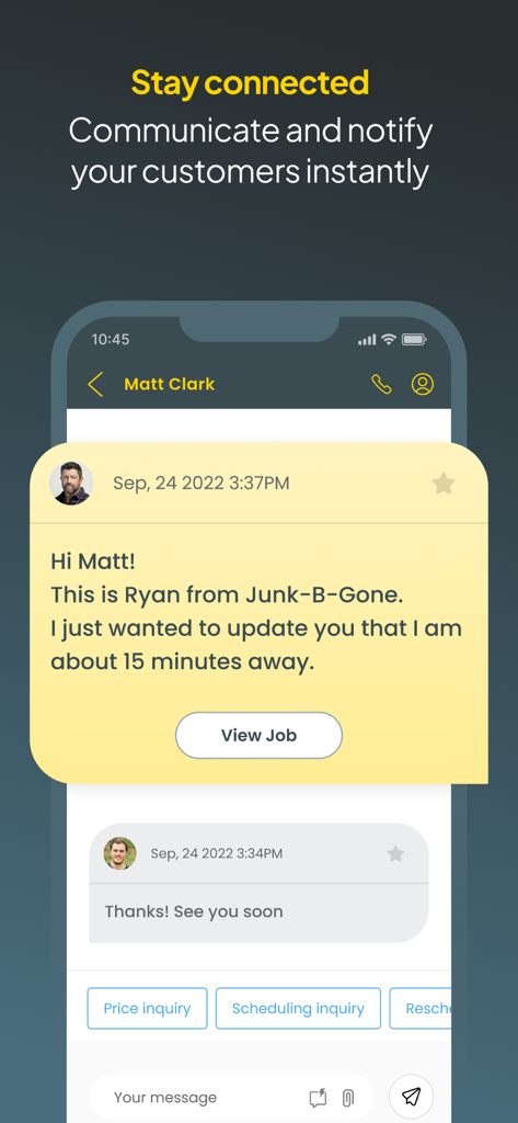Workiz Field Service Software - Workiz mobile app interface showing real-time customer communication and automated status updates for field technicians.