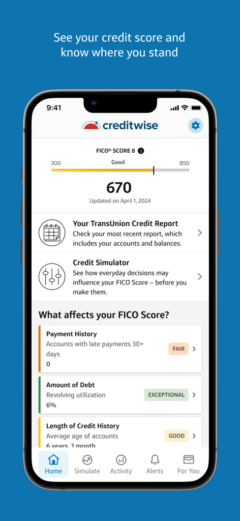 Capital One CreditWise - Capital One CreditWise app home screen showing a FICO Score 8 of 670 and credit health factors