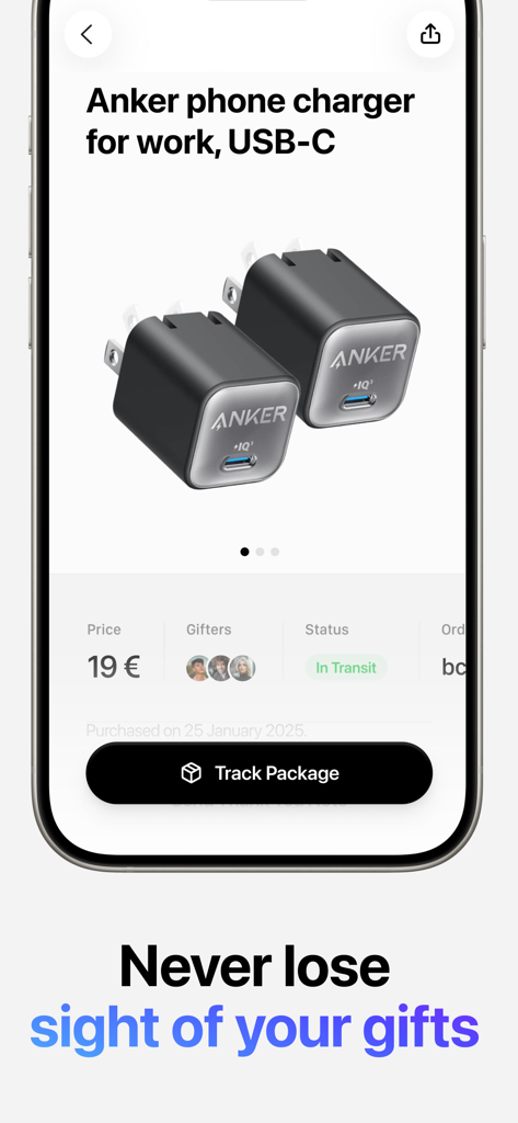Mobile Ansicht, die den Geschenk-Tracking- und Lieferstatus für ein Wunschlisten-Geschenk eines Creators anzeigt