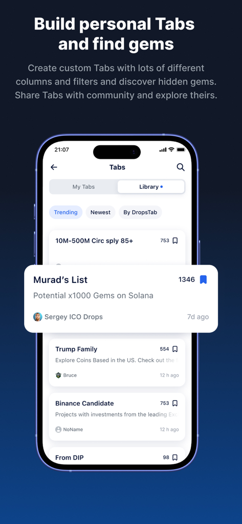 DropsTab Crypto Tracker - Aplicación móvil DropsTab mostrando listas de monedas cripto compartidas por la comunidad y pestañas de seguimiento personalizadas.