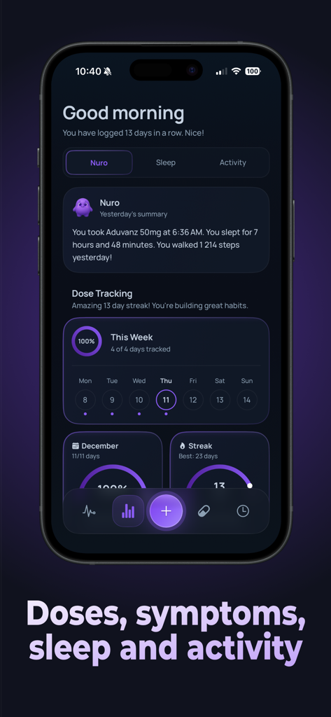 Nuro: ADHD Medication Tracker - Interfaz de la aplicación Nuro que muestra el seguimiento de dosis de medicamentos y resúmenes de actividad diaria en un panel de tema oscuro.