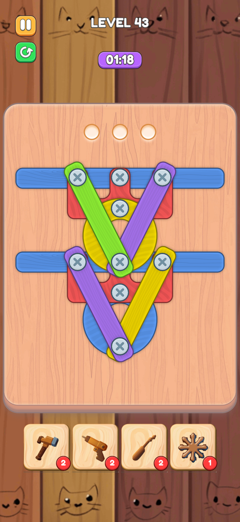 Screw Match: Puzzle Game - Gameplay of Screw Match showing a wood logic puzzle with colorful plates and screws