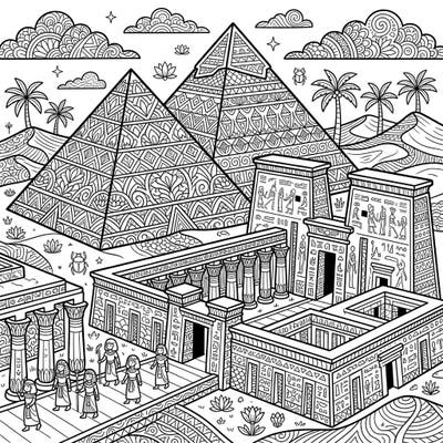 Immerse yourself in the grandeur of ancient Egypt with this captivating Zentangle coloring page, showcasing majestic pyramids and elaborate temples. Discover intricate patterns woven into every historical detail, offering hours of mindful relaxation and creative expression.