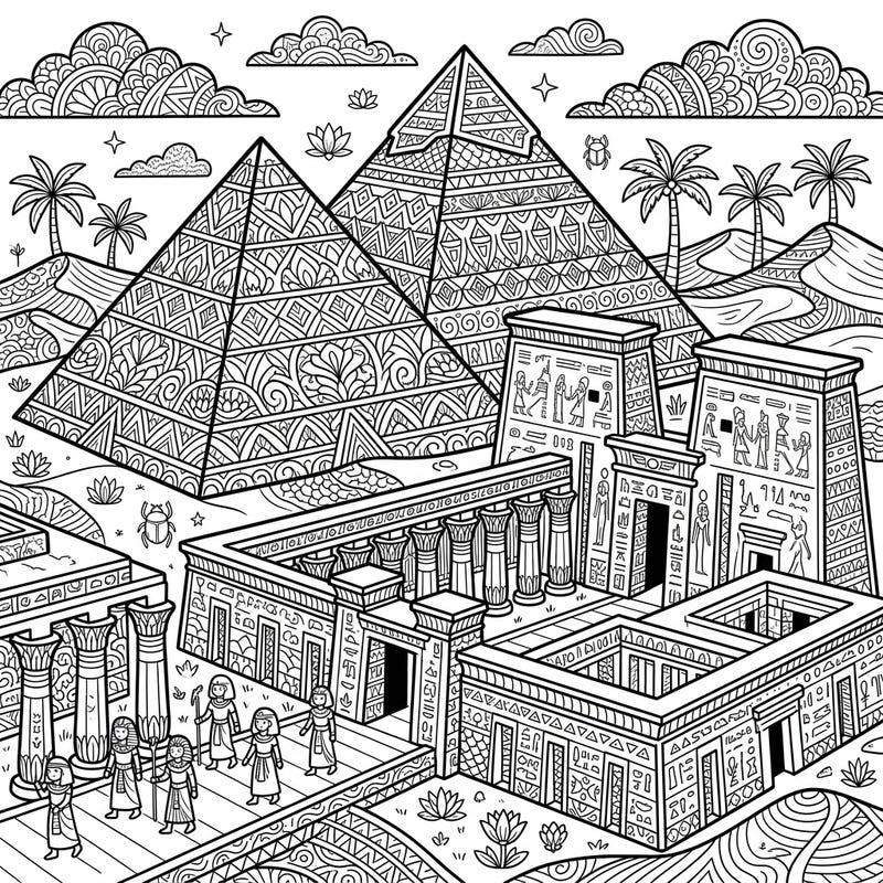 Immerse yourself in the grandeur of ancient Egypt with this captivating Zentangle coloring page, showcasing majestic pyramids and elaborate temples. Discover intricate patterns woven into every historical detail, offering hours of mindful relaxation and creative expression.